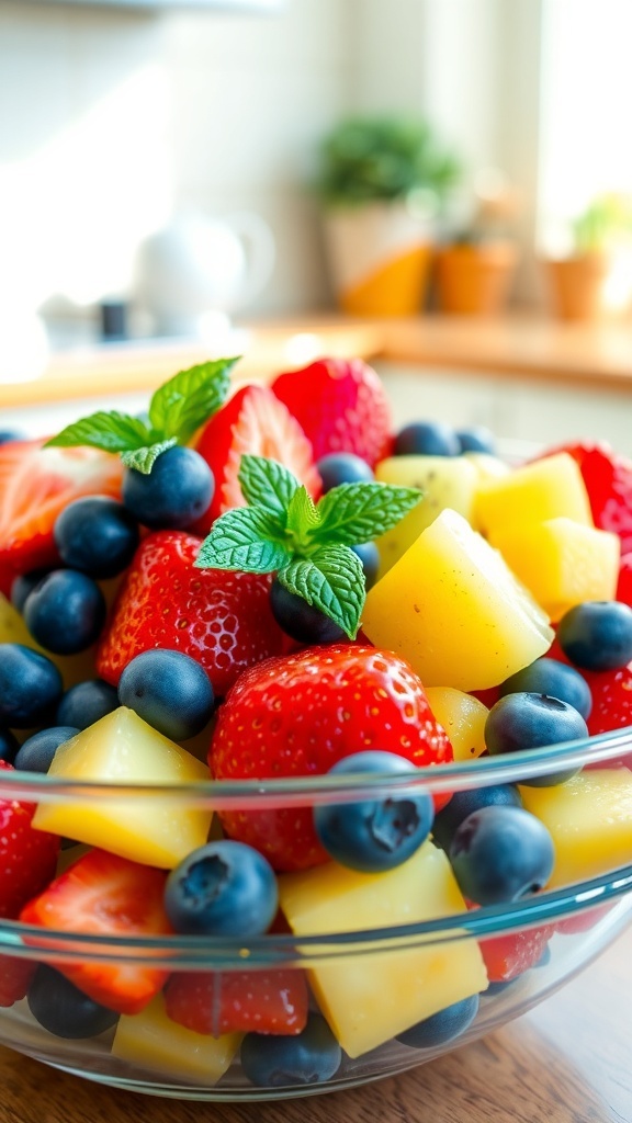 Vibrant Fruit Salad Recipe A colorful fruit salad with strawberries, blueberries, kiwi, and pineapple in a bowl, garnished with mint leaves.
